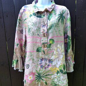 John Mark Floral 100% Linen Tunic Top XL  Popover Raw Edge